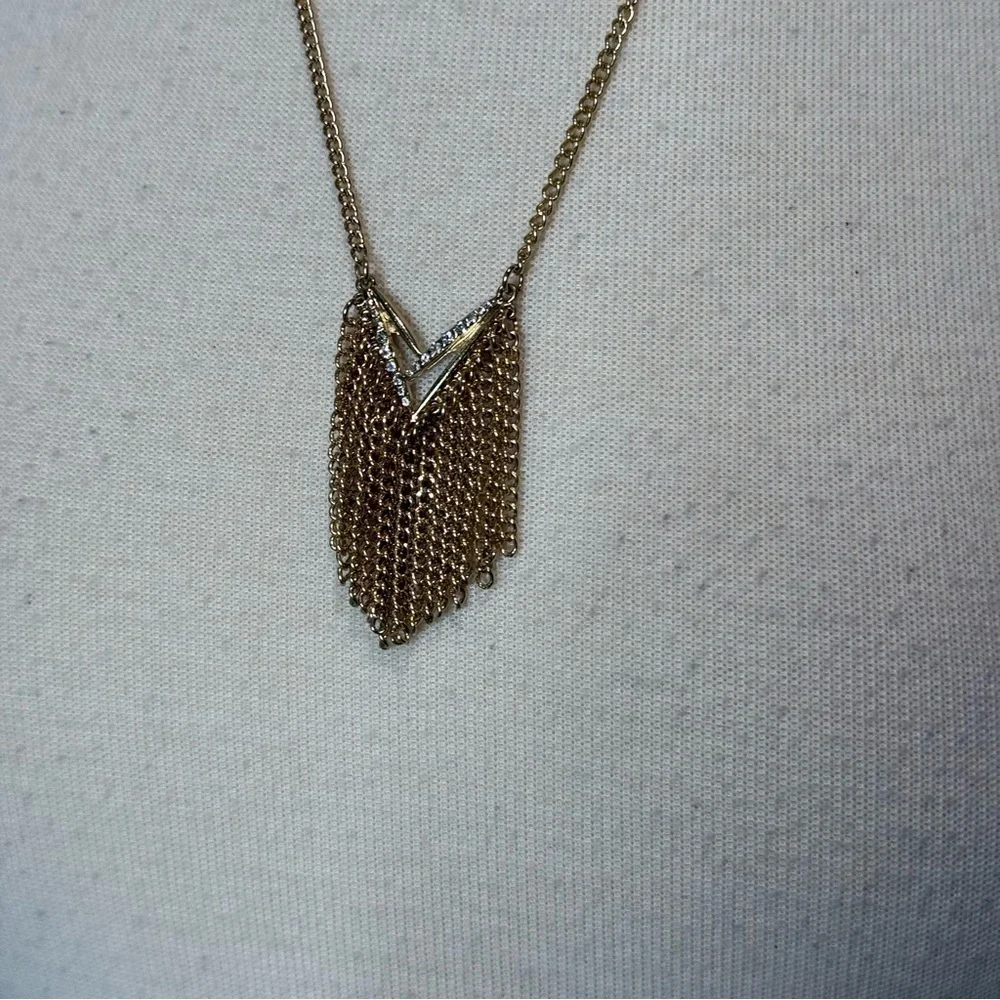Gold Geometric Chevron Necklace with chain Fringe embezzled CZ stones